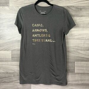 Under‎ Armour T-Shirt Womens S Gray Camo Arrows Antlers Tree Stands Short Sleeve